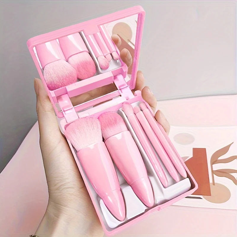 Conjunto de Pincéis de Maquiagem Portáteis Com 5 Peças e Espelho