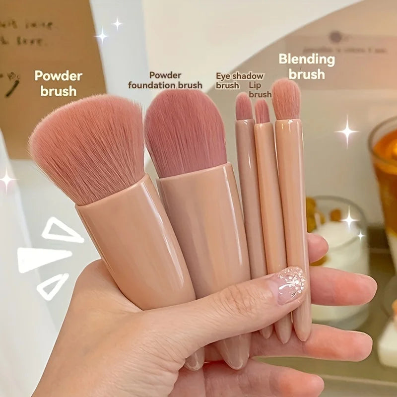 Conjunto de Pincéis de Maquiagem Portáteis Com 5 Peças e Espelho