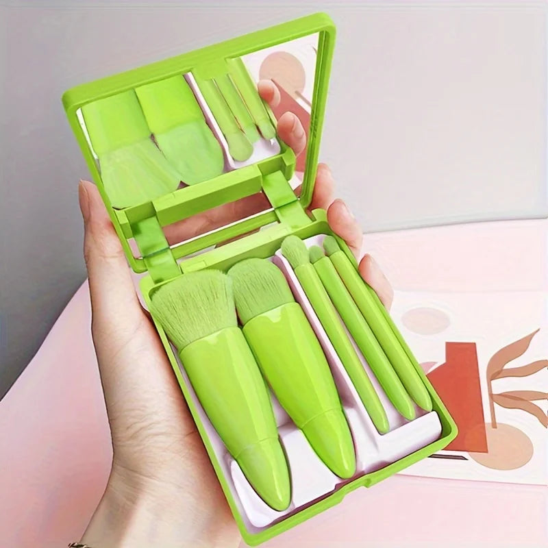Conjunto de Pincéis de Maquiagem Portáteis Com 5 Peças e Espelho