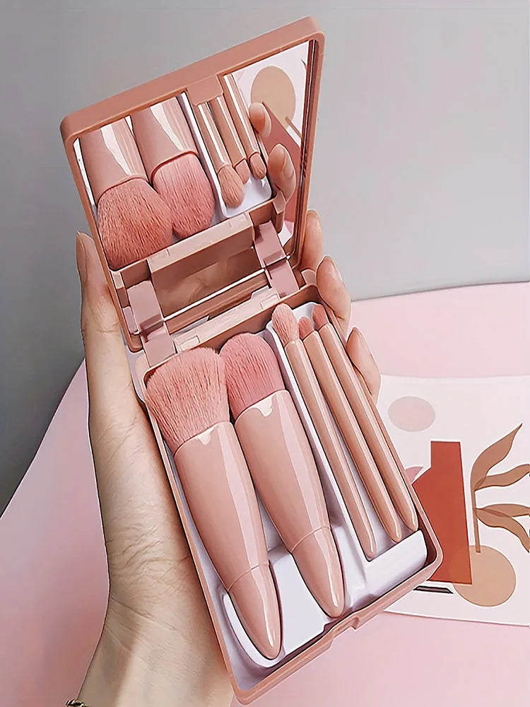Conjunto de Pincéis de Maquiagem Portáteis Com 5 Peças e Espelho